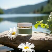 ai généré le Naturel blanc et vert œil crème avec marguerites et l'eau et fleurs sur une étagère dans de face de une lac, photo