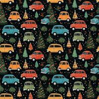 ai généré une Noël modèle avec voitures et des arbres, sans couture modèle Contexte photo