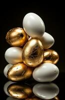 ai généré nombreuses or rayé Pâques des œufs sur le table avec blanc arrière-plan, photo