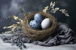 ai généré Trois Pâques des œufs dans une nid sur gris arrière-plan, photo