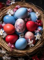 ai généré rouge, blanc et bleu Pâques œufs, photo