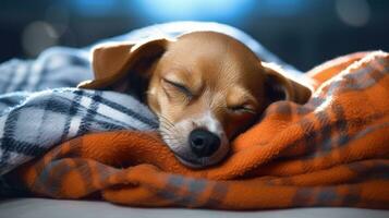 ai généré génératif ai, mignonne chien en train de dormir sur confortable chaud couverture près le fenêtre, hygge style photo