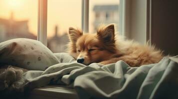 ai généré génératif ai, mignonne chien en train de dormir sur confortable chaud couverture près le fenêtre, hygge style photo