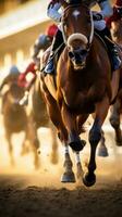 ai généré une palpitant coup de jockeys et leur les chevaux tonnerre passé le terminer ligne à une piste de course photo