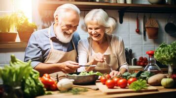 ai généré un personnes âgées couple est vu cuisine petit déjeuner ensemble dans leur pittoresque cuisine photo