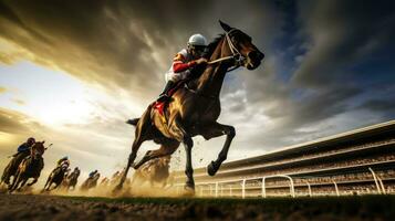 ai généré une palpitant coup de jockeys et leur les chevaux tonnerre passé le terminer ligne à une piste de course photo