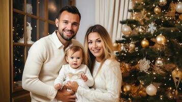 ai généré content famille près Noël arbre photo