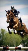 ai généré une cavalier et cheval planant plus de une séries de sauts dans un équestre compétition photo