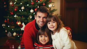 ai généré content famille près Noël arbre photo