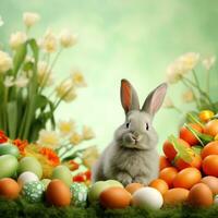 ai généré vert Contexte avec une mignonne et capricieux Pâques lapin dans le centre, entouré par printemps fleurs photo