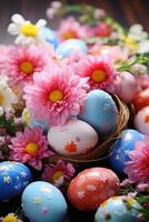 ai généré une magnifique Contexte avec coloré Pâques des œufs et épanouissement printemps fleurs, photo