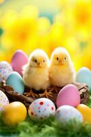 ai généré une espiègle Contexte avec brillant Jaune Pâques poussins et coloré œufs, photo