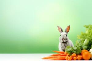 ai généré vert Contexte avec une mignonne et capricieux Pâques lapin dans le centre, entouré par printemps fleurs photo