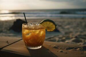 ai généré verre avec cocktail sur le plage établi avec génératif ai La technologie photo