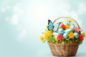 ai généré Pâques panier rempli avec des œufs et flottant papillons, ensemble contre une lumière bleu Contexte photo