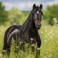 ai généré une frappant noir cheval avec brillant manteau et perçant yeux, permanent dans une champ de fleurs sauvages photo