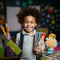 ai généré une Jeune enfant en portant une livre et souriant, entouré par école Provisions comme des crayons et des cahiers photo