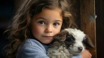 ai généré un adorable coup de une peu fille étreindre une bébé chèvre, tous les deux de leur à la recherche dans le caméra photo