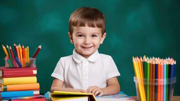 ai généré une Jeune enfant en portant une livre et souriant, entouré par école Provisions comme des crayons et des cahiers photo