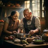 ai généré une émouvant Stock photo de un vieux couple cuisine petit déjeuner ensemble dans leur traditionnel cuisine