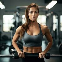 ai généré une femme dans faire des exercices vêtements levage poids à le salle de sport, avec une déterminé expression sur sa affronter. photo