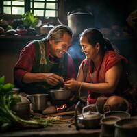 ai généré une émouvant Stock photo de un vieux couple cuisine petit déjeuner ensemble dans leur traditionnel cuisine