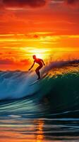 ai généré une surfeur équitation une vague dans le océan, avec le Soleil réglage derrière leur photo