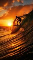 ai généré une surfeur équitation une vague dans le océan, avec le Soleil réglage derrière leur photo