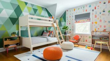 ai généré une espiègle enfants pièce avec une coloré fond d'écran accent mur, une en bois couchette lit avec une échelle photo