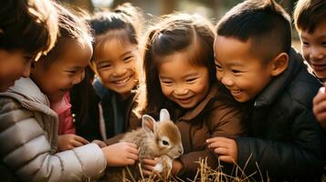 ai généré groupe de les enfants recueillies autour une bébé cerf, souriant et doucement caresse ses doux fourrure photo