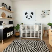 ai généré une moderne enfants pièce avec une noir et blanc Couleur schème, une en bois lit de bébé avec une blanc lit de bébé feuille photo