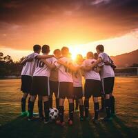 ai généré une groupe de Jeune football joueurs recroquevillé ensemble dans une équipe parler, avec le Soleil réglage derrière leur photo