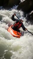 ai généré une kayakiste navigation par rugueux blanc l'eau rapides photo