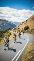 ai généré cyclistes équitation par une enroulement Montagne route, avec une magnifique scénique paysage photo