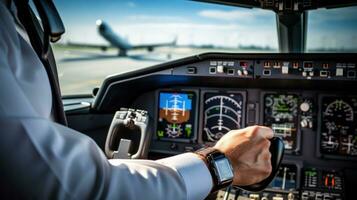 ai généré du pilote main sur le contrôles de un avion, avec le cockpit instruments visible dans le Contexte photo