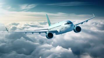 ai généré commercial avion en volant par le des nuages photo