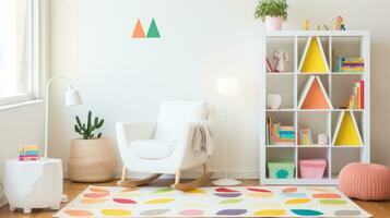 ai généré enfants pièce avec une coloré tapis, étagère à livres avec coloré espace de rangement bacs, une chaise et une sol lampe. photo