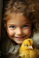 ai généré Jeune fille en jouant coucou avec une minuscule poussin, tous les deux de leur radieux avec joie photo