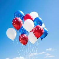 ai généré des ballons dans patriotique couleurs flottant contre une brillant bleu ciel photo