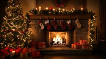 ai généré une chaud et confortable Noël scène avec une cheminée, décoré avec guirlandes et bas photo