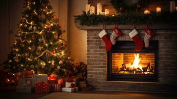 ai généré une chaud et confortable Noël scène avec une cheminée, décoré avec guirlandes et bas photo