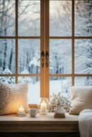 ai généré une neigeux paysage est visible par une fenêtre, avec une chaud et attrayant intérieur visible dans le premier plan photo