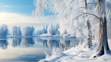 ai généré une pittoresque hiver paysage avec couvert de neige des arbres et une congelé Lac photo