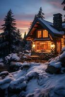 ai généré une rustique cabine avec une fumeur cheminée est assis dans une neigeux paysage, photo