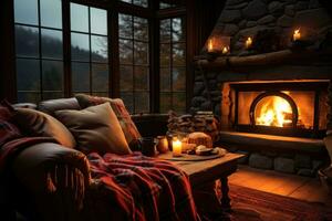 ai généré une confortable cabine intérieur avec une rugissement cheminée, doux couvertures, et une chaud tasse de thé photo