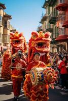 ai généré une coloré parade avec dragon danseurs, Lion danseurs photo