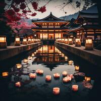 ai généré une magnifique paysage photo de une temple ou tombeau décoré avec lanternes et autre de fête décorations