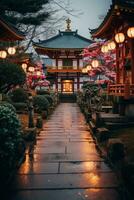 ai généré une magnifique paysage photo de une temple ou tombeau décoré avec lanternes et autre de fête décorations