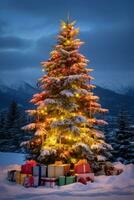 ai généré une magnifique Noël arbre avec coloré lumières et ornements photo