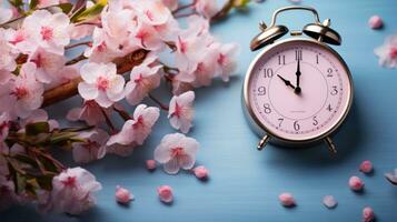 ai généré rose alarme l'horloge dans le Cerise fleur Contexte photo